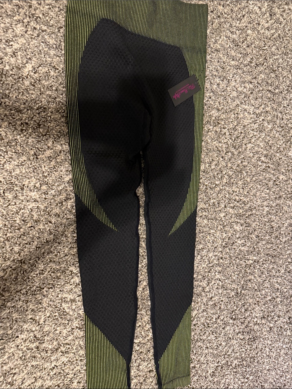 Hot Miami Styles Black Leggings with Olive Green Stripe Detailing